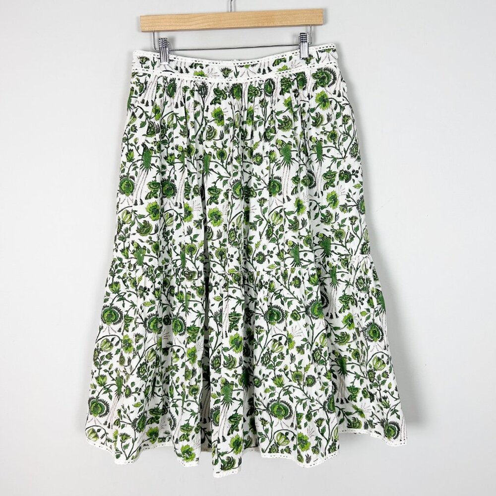 White & Green Floral Tiered Midi Skirt